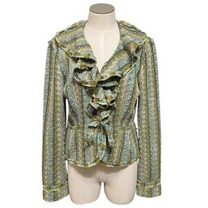 E by ECI Womens Vintage Stripe Ruffle Whimsical Boho Tweed Blazer Sz 10
